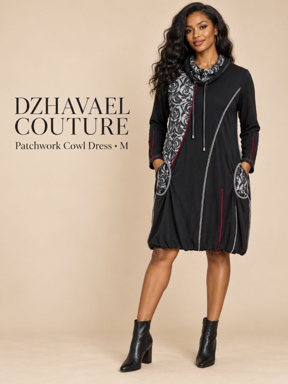 Dzhavael Couture Patchwork Cowl Bubble-Hem Dress M